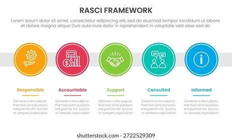 Anuncio de Plantilla de infografía de marco RASCI con línea de tiempo de gran círculo dirección correcta Horizontal con información de lista de 5 puntos para Vector de presentación de diapositivas