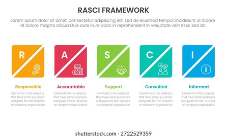 Anuncio de Plantilla de infografía de marco RASCI con línea de tiempo de rebanada de caja cuadrada creativa Horizontal con información de lista de 5 puntos para Vector de presentación de diapositivas