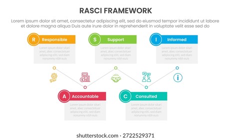 Anuncio de Plantilla de infografía de marco RASCI con tabla de cuadro de línea de tiempo arriba y abajo con información de lista de 5 puntos para Vector de presentación de diapositivas
