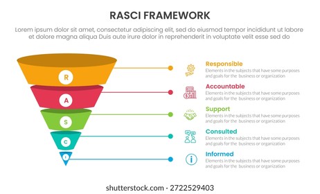 Anuncio de Plantilla de infografía de marco RASCI con embudo Forma de dimensión de sombra 3D con información de lista de 5 puntos para Vector de presentación de diapositivas