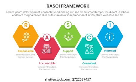 Anuncio de Plantilla de infografía de marco RASCI con nido de abeja de diamante hacia arriba y hacia abajo dirección derecha con información de lista de 5 puntos para Vector de presentación de diapositivas