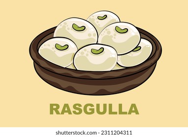 Rasgulla o Rosogolla, se sirven en un bol de arcilla. Ilustración vectorial.