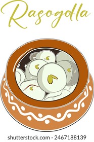 Rasgulla or Rosogolla, they are served in a clay bowl. Vector illustration.