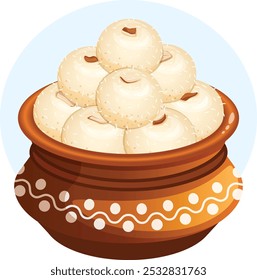 Rasgullas con almendras servidas en olla tradicional de tierra. Ilustración detallada de dulces indios Auténticas 