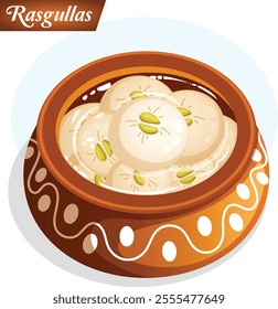 Rasgullas Dipped in Syrup Inside an Earthen Pot. Authentic Indian Celebratory Sweets Detailed Illustration 