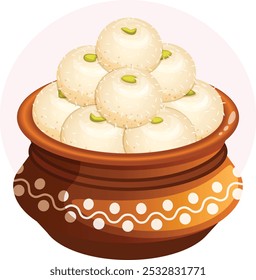 Rasgullas em Matka ou Pote de Terra com Pistachio e guarnição de coco. Arte vetorial de doces indianos e bengaleses 