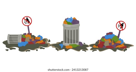 rash bags and dustbin vector illustrations set. collection of black sacks with food waste, bad behavior do littering