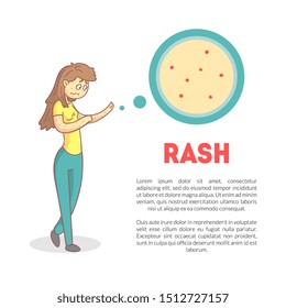 Rash Banner Template with Space for Text, Girl with Red Spots on Her Face and Body Vector Illustration