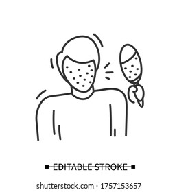 Rash icon. Male avatar, covered in pimples looking in mirror shocked. Linear concept pictogram of skin problem, allergic reaction, a and infection disease. Editable stroke vector illustration