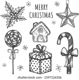 with a rash. Set of gift box, sweets, Christmas cookie, Christmas tree toy. Vector graphics. Freehand drawing