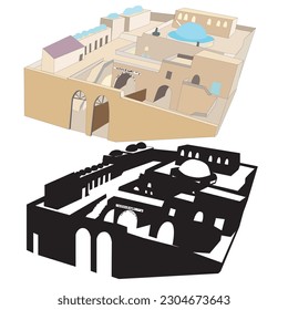 Rashbi's grave - The tomb of 
Rabbi Shimon bar Yochai. Colorful vector and black and white silhouette.
isolated.
An illustration of the holy historical structure in an artistically accurate way