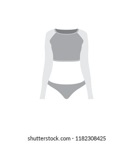 Rashguard template design. Female swimsuit. Short top with long sleeves and bikini. Vector illustration in grey tones.