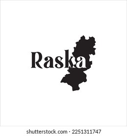 Raska map and black lettering design on white background