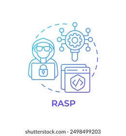 RASP icono de concepto de degradado azul. Evaluación de vulnerabilidades, ciberseguridad. Hackeo ético. Ilustración de línea de forma redonda. Abstractas idea. Diseño gráfico. Fácil de usar en infografía, presentación