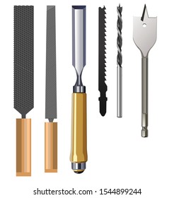 Rasp, chisel and drill for working with wood and metal. Vector illustration isolated object.
Tool for workbench, workshop.