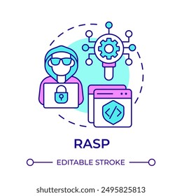 RASP Multi Color Concept-Symbol. Schwachstellenbewertung, Cybersicherheit. Ethisches Hacken. Darstellung der runden Formlinie. Abstrakte Idee. Grafikdesign. Einfache Verwendung in Infografik, Präsentation