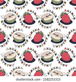 Himbeeren und Apfel. Nahtloses Muster auf weißem Hintergrund. Cute Vektorgrafik.