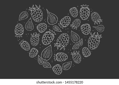 
raspberries berries white outline on dark background in the shape of a heart