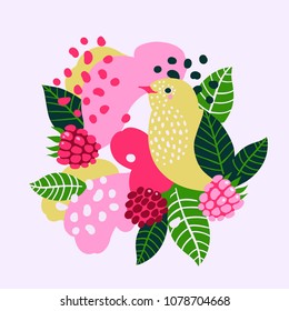 Raspberries and birds on abstract background. Vector seamless illustration