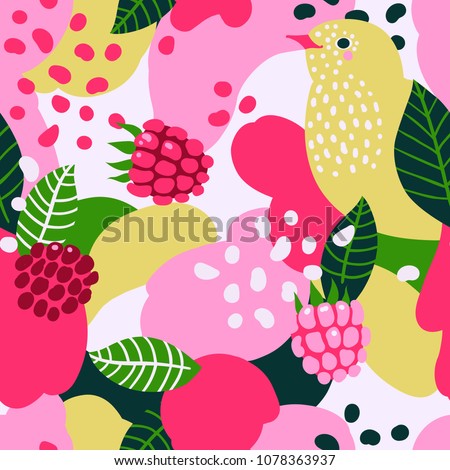 Raspberries and birds on abstract background. Vector seamless pattern.