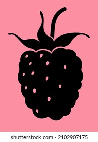 Raspberries. Black vector berry silhouette isolated on pink background.