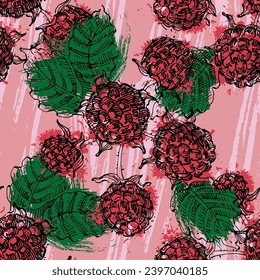 Raspberries and blackberries with abstract elements. Vector seamless pattern. Hand drawn illustrations.