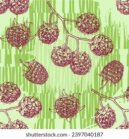 Raspberries and blackberries with abstract elements. Vector seamless pattern. Hand drawn illustrations.