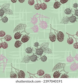Raspberries and blackberries with abstract elements. Vector seamless pattern. Hand drawn illustrations.