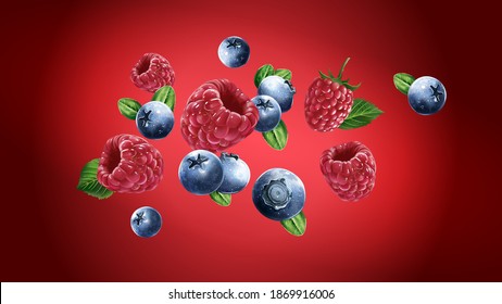 Raspberries and blueberries are flying on a red background.