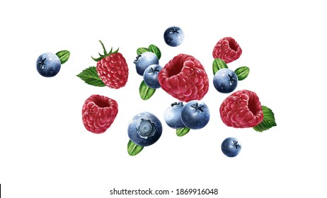 Raspberries and blueberries are flying on a white background.