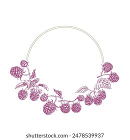 Raspberries circle frame. Hand drawn round line border, leaves and flowers, wedding invitation and cards, logo design and posters template. Elegant minimal style floral vector isolated 