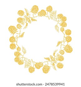 Raspberries circle frame. Hand drawn round line border, leaves and flowers, wedding invitation and cards, logo design and posters template. Elegant minimal style floral vector isolated 