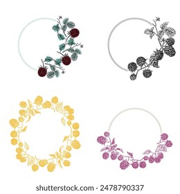 Raspberries circle frame. Hand drawn round line border, leaves and flowers, wedding invitation and cards, logo design and posters template. Elegant minimal style floral vector isolated 