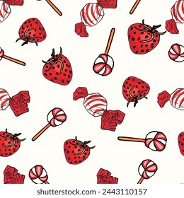 Raspberries and confetti seamless illustration. Candies and red berries for a birthday holiday, seamless pattern.