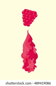 Raspberries with flowing juice. Vector crimson liquid waves and splash. Healthy diet illustration, vegetarian vegan food. Fresh juicy drink, tasty berry