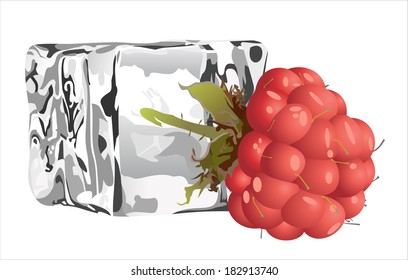 Raspberries with ice cube, isolated on white background