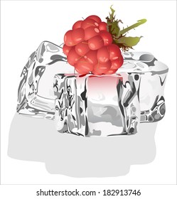 Raspberries with ice cubes, isolated on white background