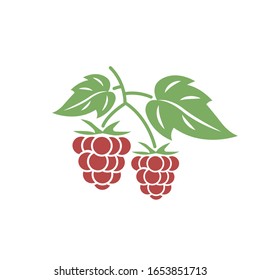 Raspberries icon vector illustration isolated on white background. Red berries with green leaves