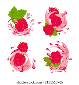 Raspberries, juice, kampot. Splashes, drops, a splash of juice. Vector set on a white background in a flat style.
