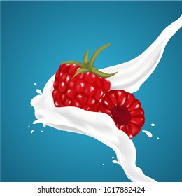 Raspberries and milk splash. Fruit and yogurt. Realistic illustration. Natural dairy products.