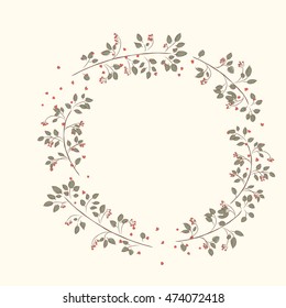 Raspberries. Natural round frame for text. cute border wreath. green leaf floral elements frame. natural border in gentle colors