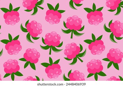 Raspberries pattern on pink background. Fresh summer berries backdrop. Design for kitchen wallpaper, textile, food packaging.	