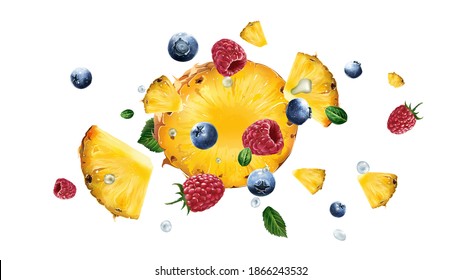 Raspberries, pineapple and blueberries flying on a white background.