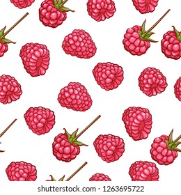Raspberries repeat pattern, vector illustration isolated on white background