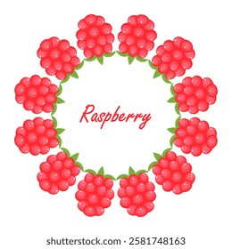 Raspberries round frame isolated on a white background. Red berries with green leaves. Flat style. You can place your text in the center. Frame for text, advertising, label.