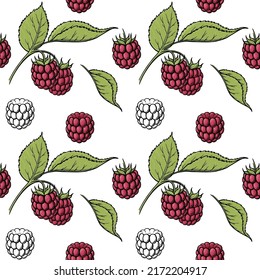 Patrón sin fisuras de frambuesas. Dibujo a mano estilo boceto fruta madura y bayas ilustración vectorial. Ideal para diseños, mercados de fruta y menú vegetal.