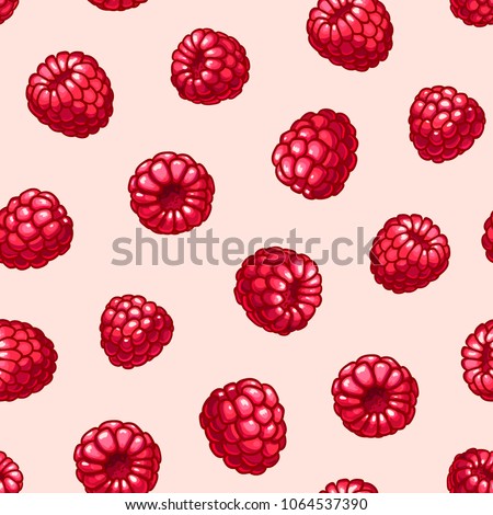 Raspberries seamless pattern. Summer fruits and berries colors vector background