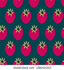 Raspberries, simple,  arranged in a row, on sea blue background. Vector seamless pattern.