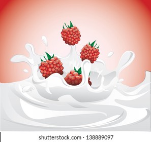 Raspberries splashing in milk, EPS 10