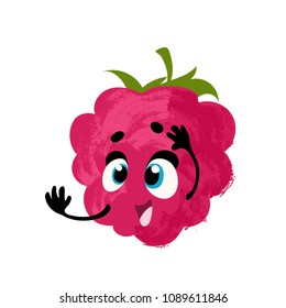 Raspberries. Vector funny fruit, cartoon character with face and hands